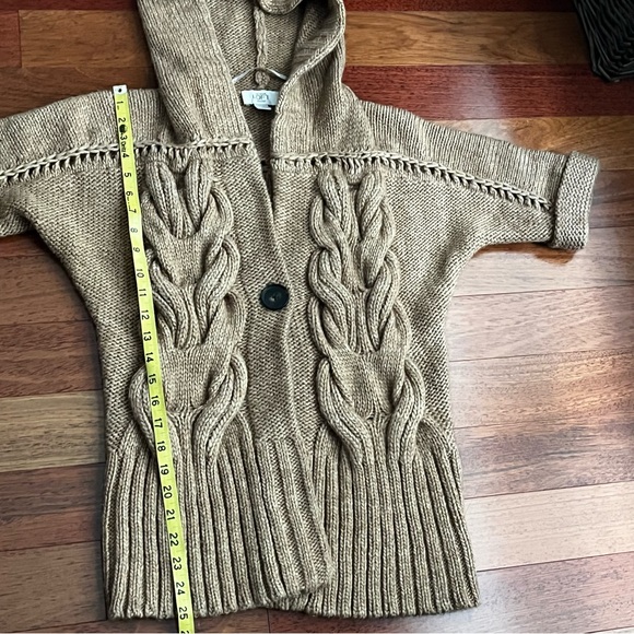LOFT Alpaca Wool Blend Cardigan Sweater Cable Knit Hood Button Tan Cozy Petite S - Picture 10 of 11